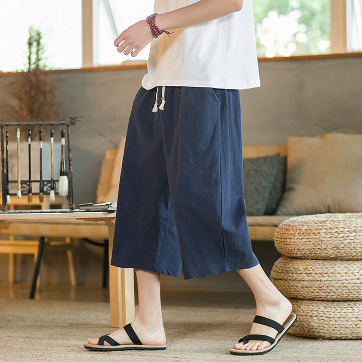 Buddha Stones無地 ミドル丈 メンズ ワイドレッグパンツ ポケット付き - ネイビーブルー - US/UK/AU46、 EU56 (5XL) - image 9