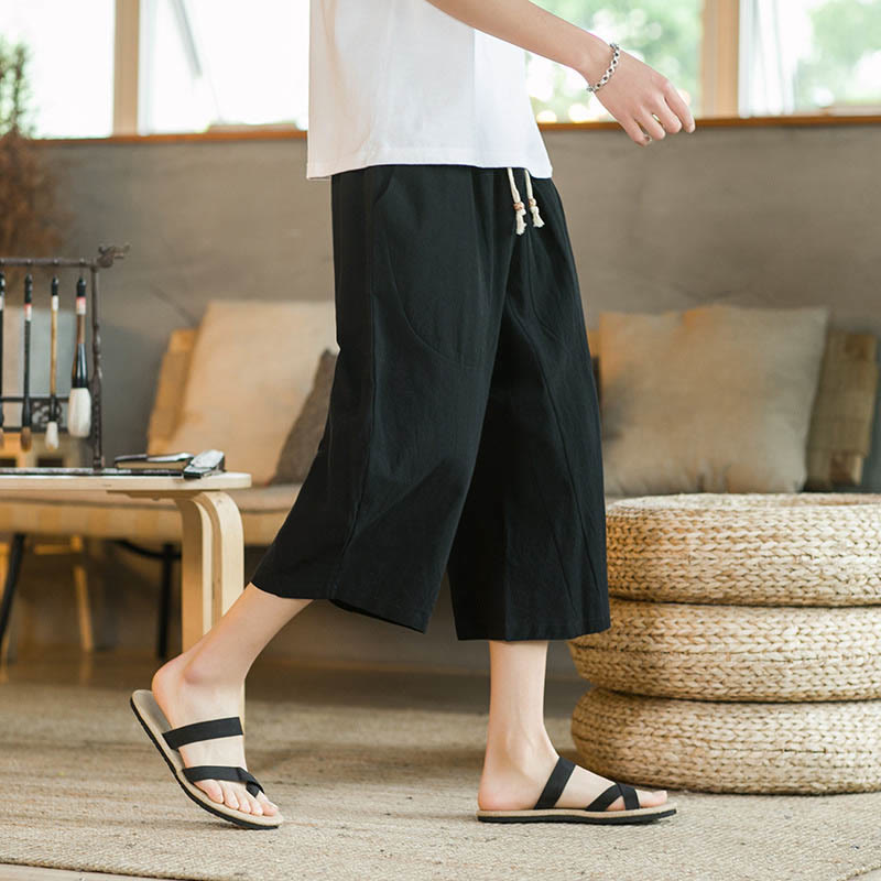 Buddha Stones無地 ミドル丈 メンズ ワイドレッグパンツ ポケット付き - 黒 - US/UK/AU46、 EU56 (5XL) - image 0