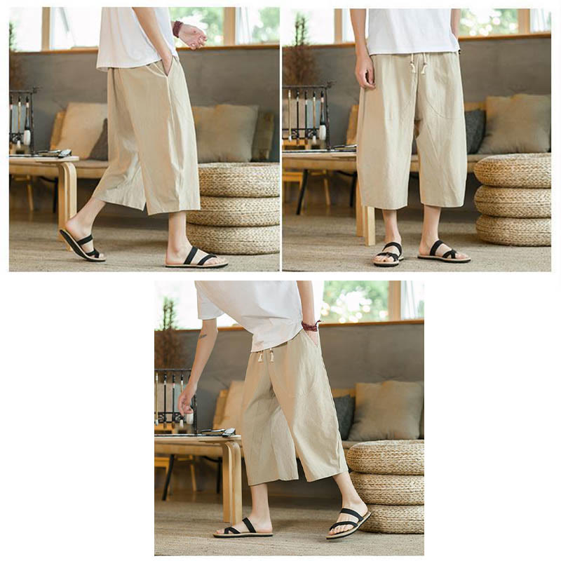 Buddha Stones無地 ミドル丈 メンズ ワイドレッグパンツ ポケット付き - image 8