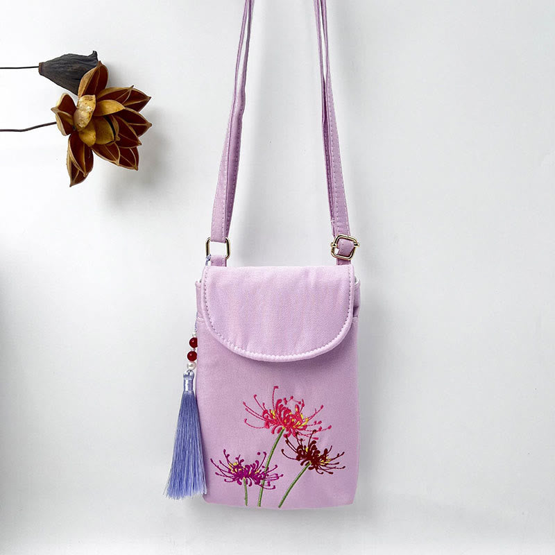 Buddha Stonesの小さな刺繍の花のクロスボディバッグ、ショルダーバッグ、二重層携帯電話バッグ