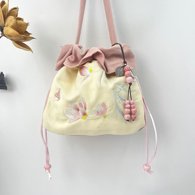 蘇州刺繍のBuddha Stones、蓮の花、モクレン、コットンリネンのトートバッグ、クロスボディバッグ、ショルダーバッグ、ハンドバッグ