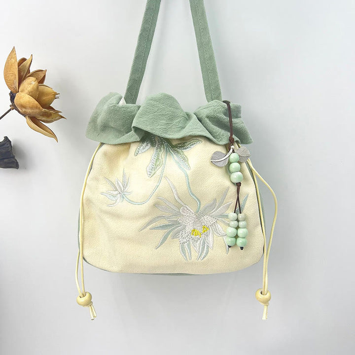 蘇州刺繍のBuddha Stones、蓮の花、モクレン、コットンリネンのトートバッグ、クロスボディバッグ、ショルダーバッグ、ハンドバッグ