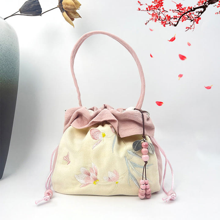 蘇州刺繍のBuddha Stones、蓮の花、モクレン、コットンリネンのトートバッグ、クロスボディバッグ、ショルダーバッグ、ハンドバッグ