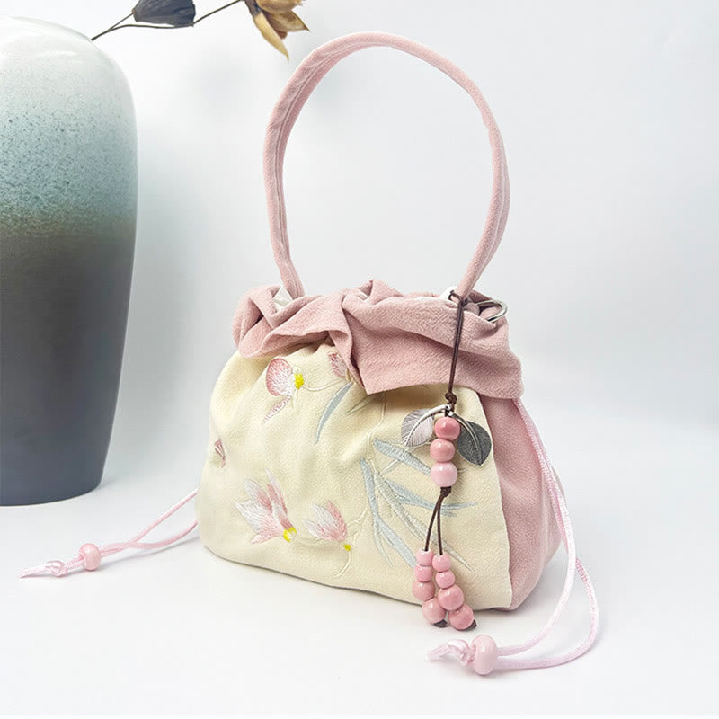 蘇州刺繍のBuddha Stones、蓮の花、モクレン、コットンリネンのトートバッグ、クロスボディバッグ、ショルダーバッグ、ハンドバッグ