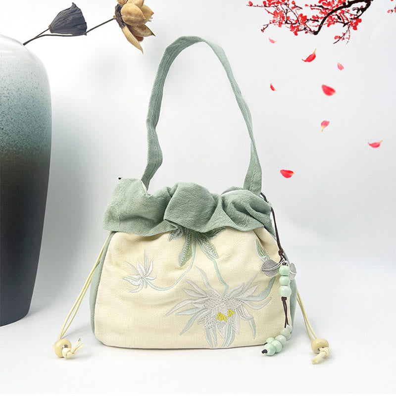 蘇州刺繍のBuddha Stones、蓮の花、モクレン、コットンリネンのトートバッグ、クロスボディバッグ、ショルダーバッグ、ハンドバッグ