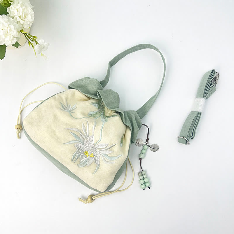 蘇州刺繍のBuddha Stones、蓮の花、モクレン、コットンリネンのトートバッグ、クロスボディバッグ、ショルダーバッグ、ハンドバッグ