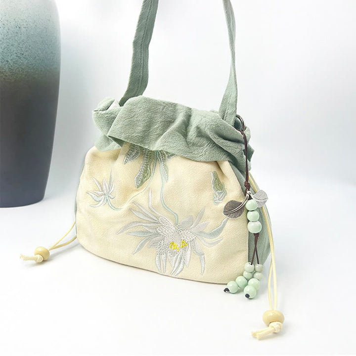 蘇州刺繍のBuddha Stones、蓮の花、モクレン、コットンリネンのトートバッグ、クロスボディバッグ、ショルダーバッグ、ハンドバッグ