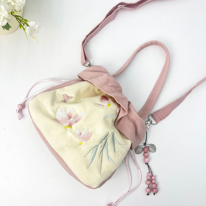 蘇州刺繍のBuddha Stones、蓮の花、モクレン、コットンリネンのトートバッグ、クロスボディバッグ、ショルダーバッグ、ハンドバッグ