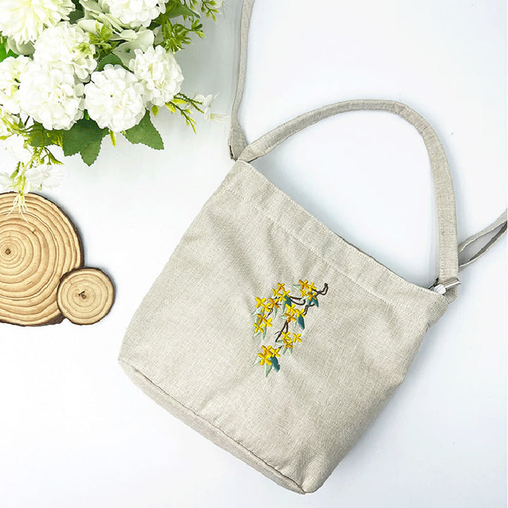 Buddha Stones刺繍藤梅蓮桜コットンリネンキャンバストートクロスボディバッグショルダーバッグハンドバッグ