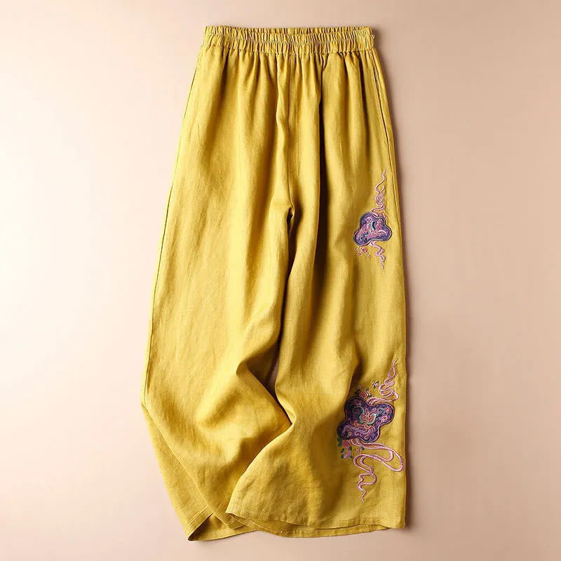 Buddha Stonesレディース カジュアル ルーズ コットンリネン 刺繍 ワイドレッグパンツ ポケット付き - 黄色 - US12、 UK/AU16、 EU44 (3XL) - image 9