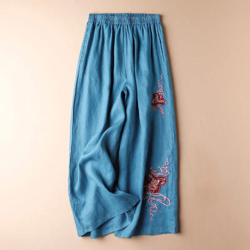 Buddha Stonesレディース カジュアル ルーズ コットンリネン 刺繍 ワイドレッグパンツ ポケット付き - 青 - US12、 UK/AU16、 EU44 (3XL) - image 0