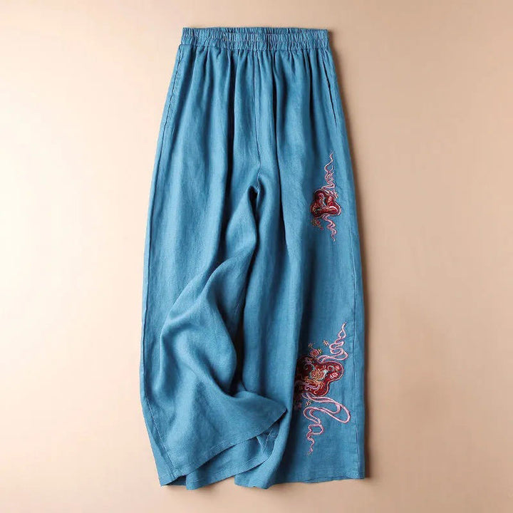 Buddha Stonesレディース カジュアル ルーズ コットンリネン 刺繍 ワイドレッグパンツ ポケット付き - 青 - US12、 UK/AU16、 EU44 (3XL) - image 0