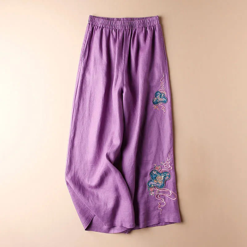 Buddha Stonesレディース カジュアル ルーズ コットンリネン 刺繍 ワイドレッグパンツ ポケット付き - 紫 - US12、 UK/AU16、 EU44 (3XL) - image 10