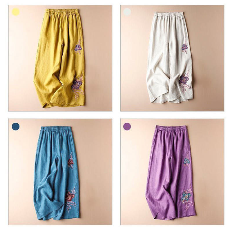 Buddha Stonesレディース カジュアル ルーズ コットンリネン 刺繍 ワイドレッグパンツ ポケット付き - image 12