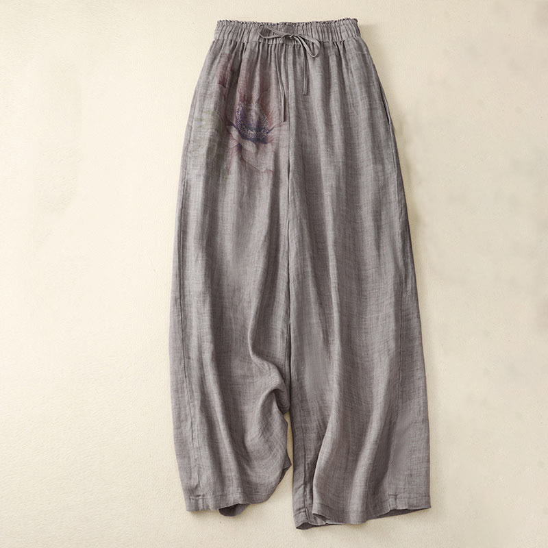 Buddha Stonesフローラルプリント ハイウエスト コットンリネン ドローストリング ワイドレッグパンツ ポケット付き - グレー - US12、 UK/AU16、 EU44 (2XL) - image 6