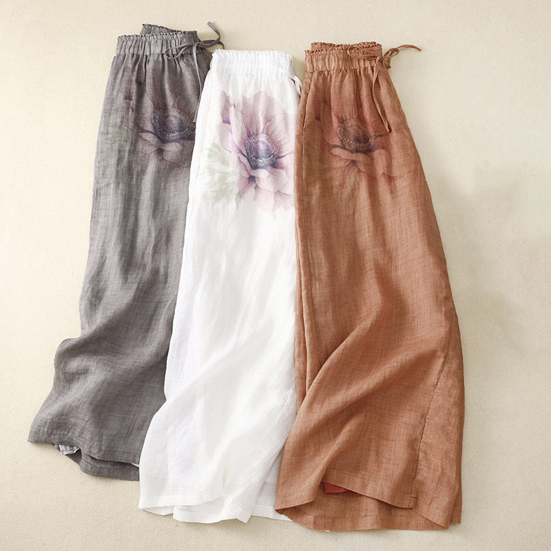 Buddha Stonesフローラルプリント ハイウエスト コットンリネン ドローストリング ワイドレッグパンツ ポケット付き - image 1