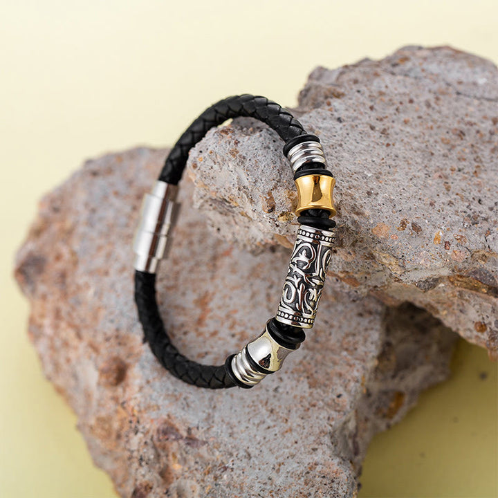 Buddha Stones唐代の花模様 幸運 ステンレススチールバックル レザーブレスレット