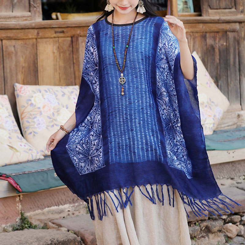 Buddha Stonesブルー 幾何学模様 ストライプ バティック ショール タッセル 着心地良い 旅行用プルオーバー 90*95cm - ブルー幾何学ストライプ 90×95cm - image 0