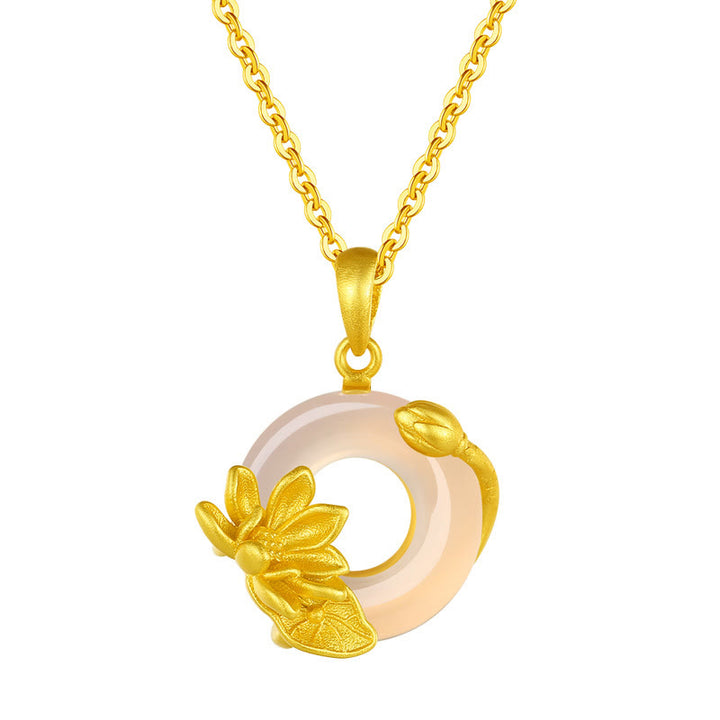 Buddha Stones天然ホワイトカルセドニー平和のお守りチャームロータスペンダント S925 スターリングシルバーネックレス - image 3