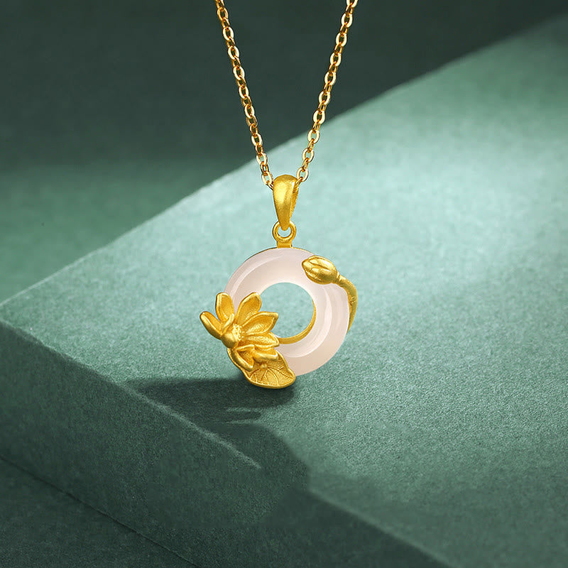 Buddha Stones天然ホワイトカルセドニー平和のお守りチャームロータスペンダント S925 スターリングシルバーネックレス - image 2