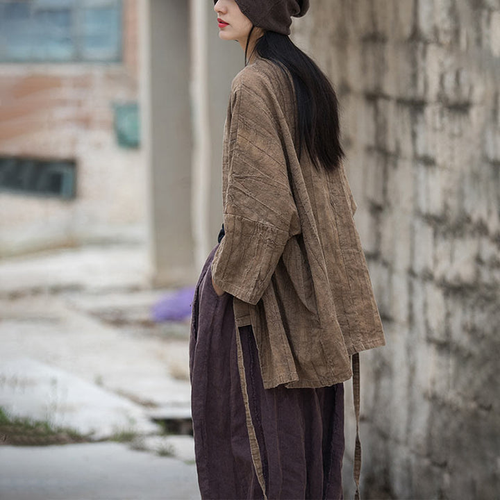 Buddha Stonesのタイダイ染めレースアップデザインコート、禅瞑想オープンフロントトップジャケット - image 4