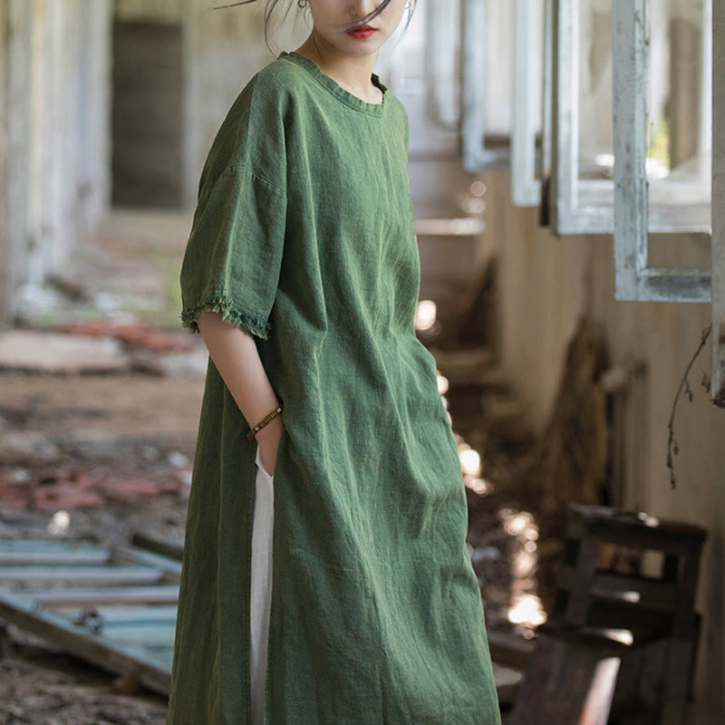 Buddha Stonesミドル丈ドレス ラミーリネン ハーフスリーブ スプリットヘム トップ Tシャツ - image 3