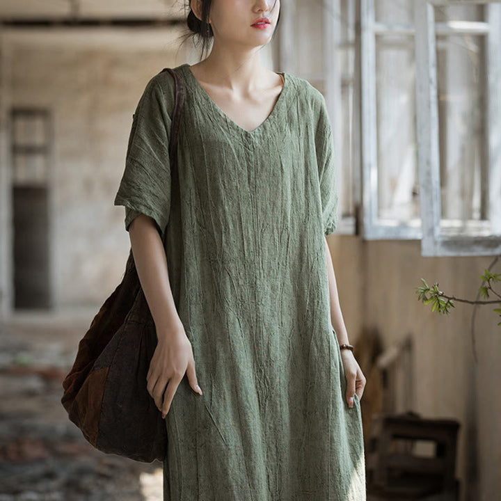 Buddha Stonesハンドメイド タイダイ Vネック ミディドレス リネン 半袖ドレス - image 2