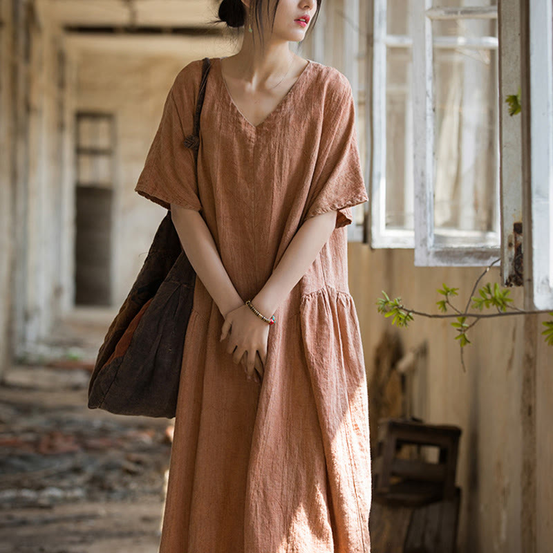 Buddha Stonesハンドメイド タイダイ Vネック ミディドレス リネン 半袖ドレス - image 13