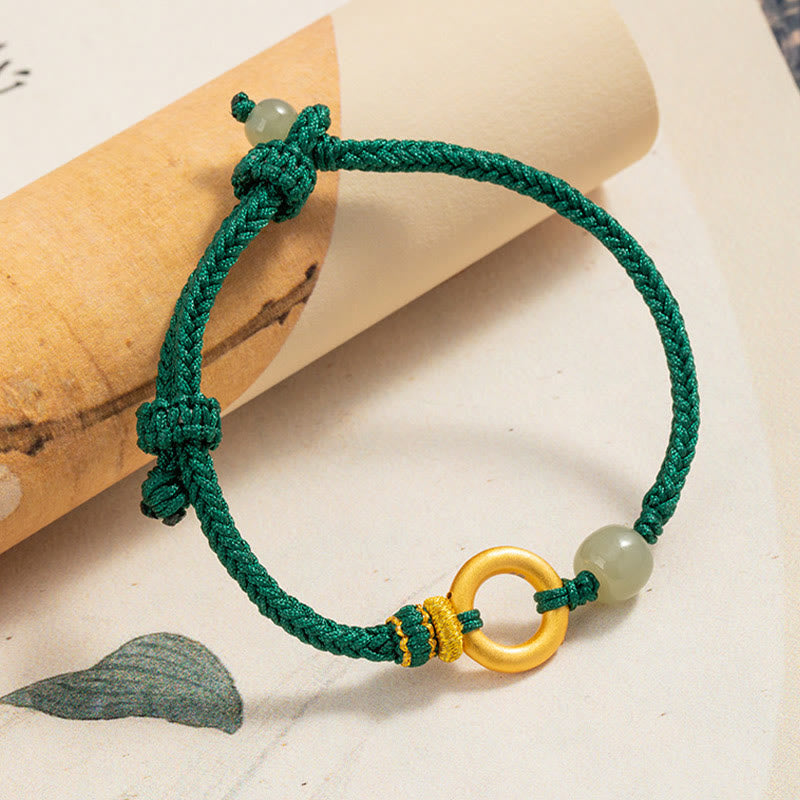 Buddha Stones 999スターリングシルバー ピースバックル 和田翡翠ビーズ 幸運 グリーンロープ編みブレスレット