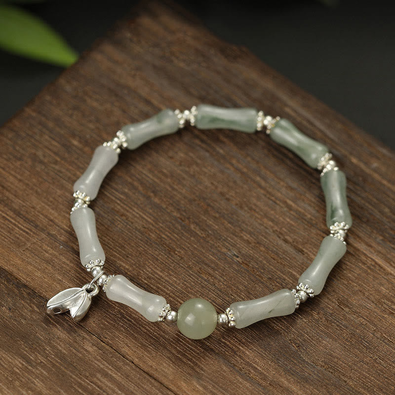 Buddha Stones 925スターリングシルバー 天然天山翡翠 竹チャーム幸運ブレスレット - 翡翠（手首周り14～16cm） - image 0