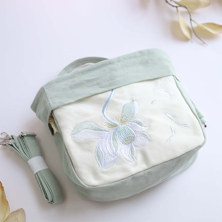 蘇州刺繍のBuddha Stones、蓮の花、モクレン、コットンリネンのトートバッグ、クロスボディバッグ、ショルダーバッグ、ハンドバッグ