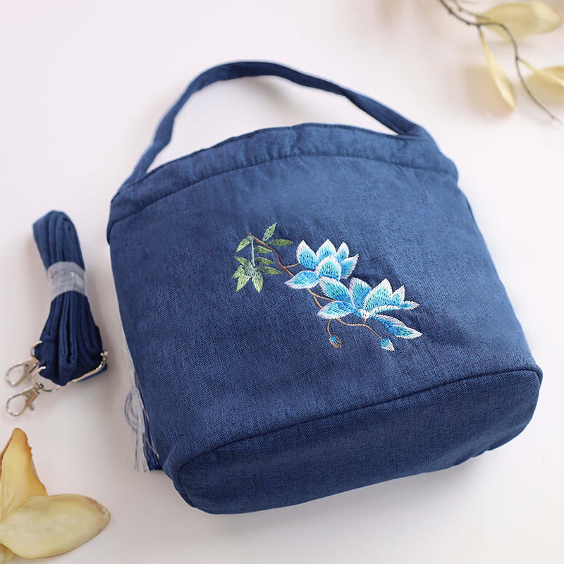 Buddha Stones刺繍藤梅蓮桜コットンリネンキャンバストートクロスボディバッグショルダーバッグハンドバッグ