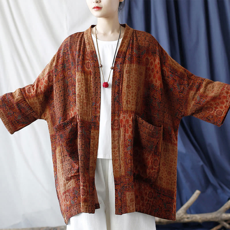 Buddha Stonesオレンジフラワージオメトリックプリントコットンオープンフロントジャケット（ポケット付き） - image 5