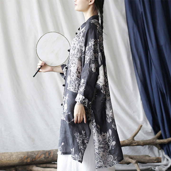 Buddha Stones、青、白の花、カエルボタン、長袖ラミーリネンジャケット、ポケット付きシャツ - image 6