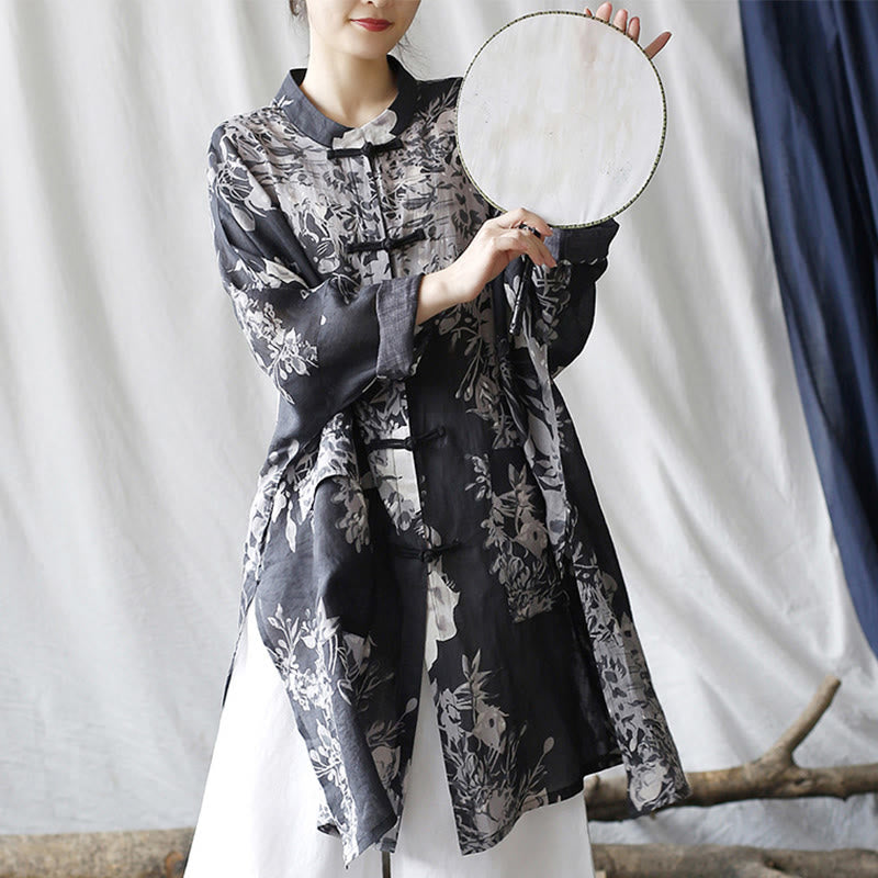 Buddha Stones、青、白の花、カエルボタン、長袖ラミーリネンジャケット、ポケット付きシャツ - image 8