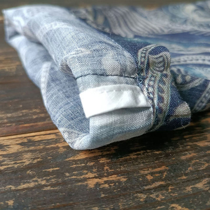 Buddha Stones、鳥、花、幾何学模様のカエルボタン長袖ラミーリネンジャケットシャツ - image 13