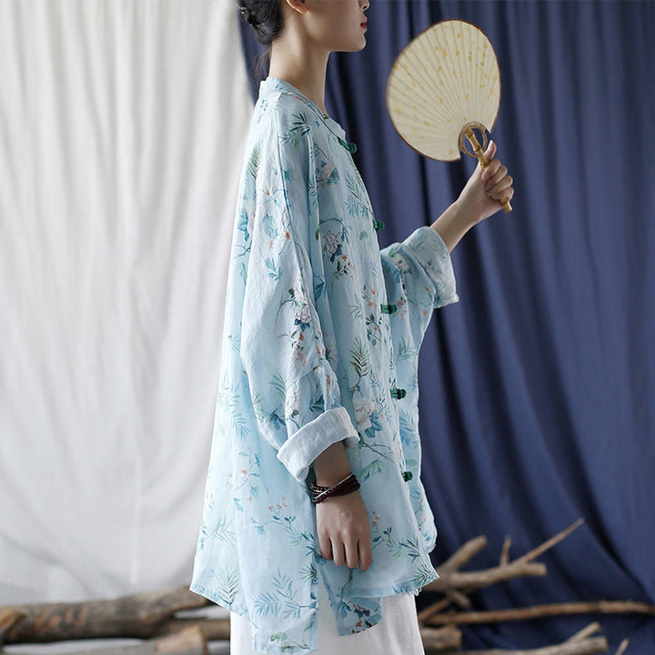 Buddha Stones、ライトグリーン、ピンクの花、緑の葉、カエルボタンの長袖ラミーリネンジャケットシャツ - image 2