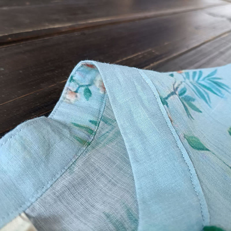 Buddha Stones、ライトグリーン、ピンクの花、緑の葉、カエルボタンの長袖ラミーリネンジャケットシャツ - image 11