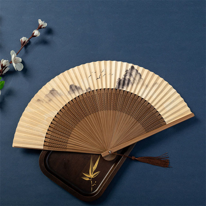 Buddha Stones、蓮、トンボ、雁、梅の花、手持ちシルク竹扇子 22.5cm