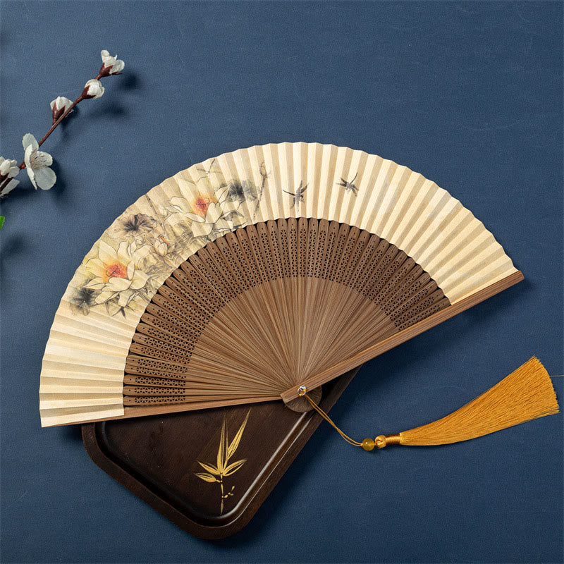 Buddha Stones、蓮、トンボ、雁、梅の花、手持ちシルク竹扇子 22.5cm