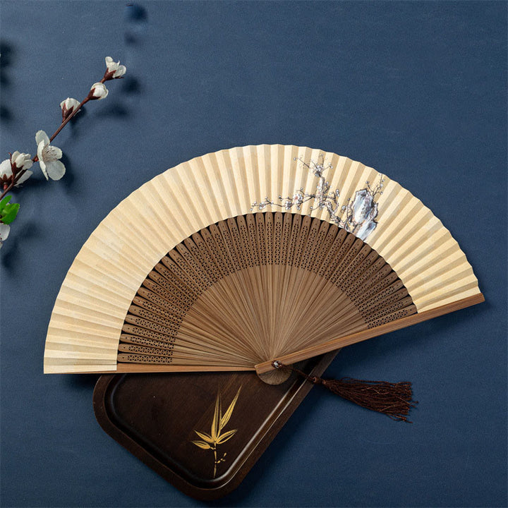 Buddha Stones、蓮、トンボ、雁、梅の花、手持ちシルク竹扇子 22.5cm
