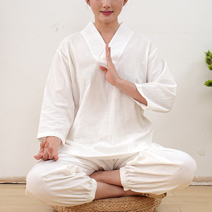 Buddha Stones柄 Vネック 七分袖 シャツ トップス パンツ 瞑想 禅 太極拳 服装 レディース セット 2点セット - ホワイト(トップス&パンツ) - US12、 UK/AU16、 EU44 (XL) - image 20