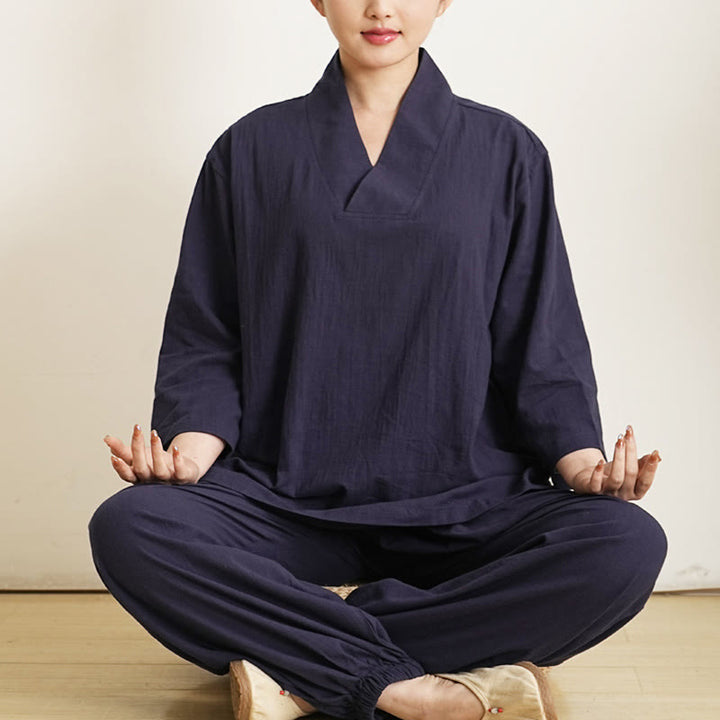 Buddha Stones柄 Vネック 七分袖 シャツ トップス パンツ 瞑想 禅 太極拳 服装 レディース セット 2点セット - ネイビーブルー(トップス&パンツ) - US12、 UK/AU16、 EU44 (XL) - image 7