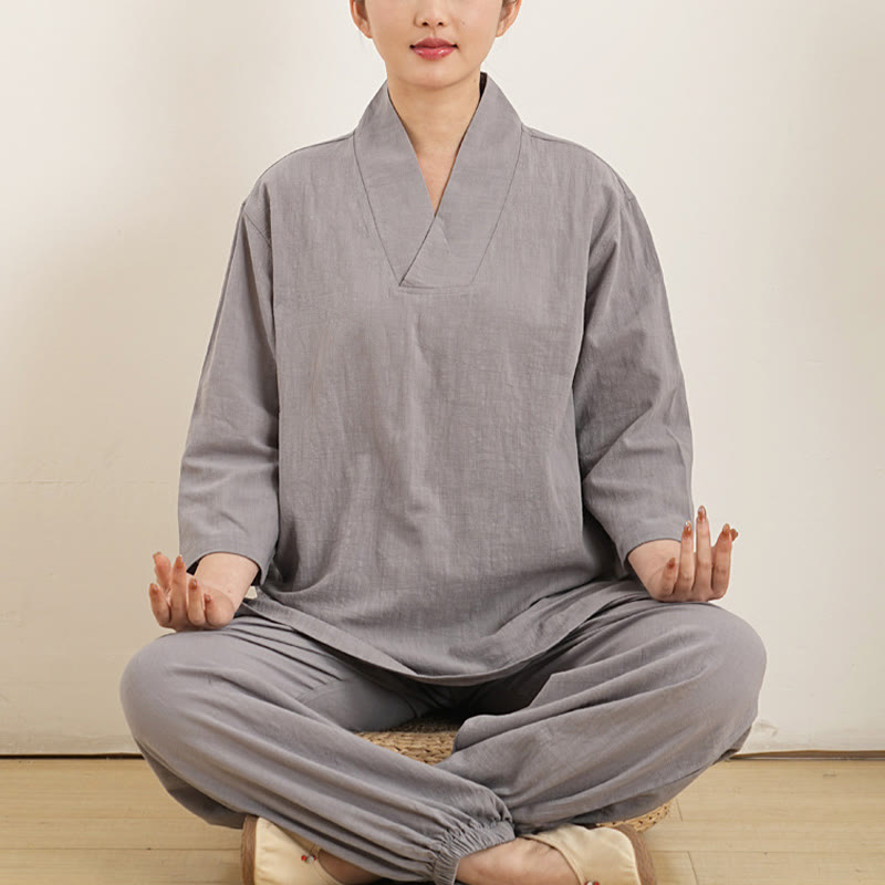 Buddha Stones柄 Vネック 七分袖 シャツ トップス パンツ 瞑想 禅 太極拳 服装 レディース セット 2点セット - グレー(トップス&パンツ) - US12、 UK/AU16、 EU44 (XL) - image 0