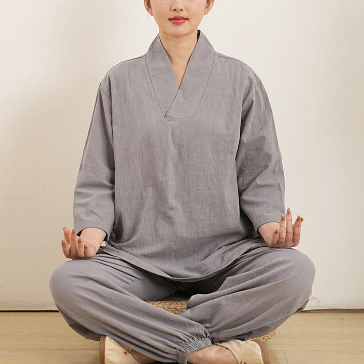 Buddha Stones柄 Vネック 七分袖 シャツ トップス パンツ 瞑想 禅 太極拳 服装 レディース セット 2点セット - グレー(トップス&パンツ) - US12、 UK/AU16、 EU44 (XL) - image 0