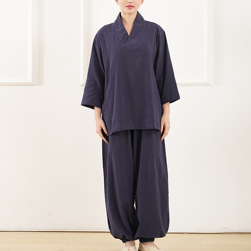 Buddha Stones柄 Vネック 七分袖 シャツ トップス パンツ 瞑想 禅 太極拳 服装 レディース セット 2点セット - image 9
