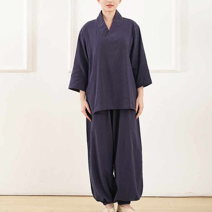 Buddha Stones柄 Vネック 七分袖 シャツ トップス パンツ 瞑想 禅 太極拳 服装 レディース セット 2点セット - image 9