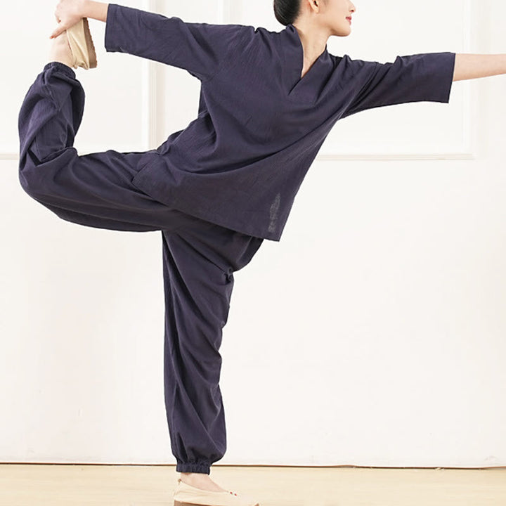 Buddha Stones柄 Vネック 七分袖 シャツ トップス パンツ 瞑想 禅 太極拳 服装 レディース セット 2点セット - image 13