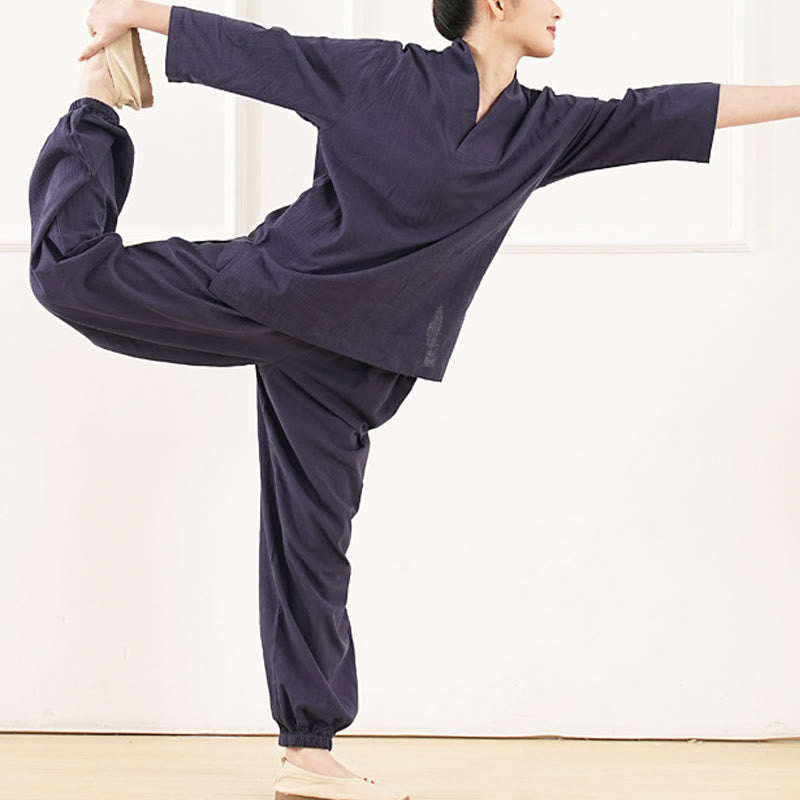 Buddha Stones 2点 Vネック 七分袖 シャツ トップ パンツ 瞑想 禅 太極拳 コットン リネン 衣類 レディース セット - image 13