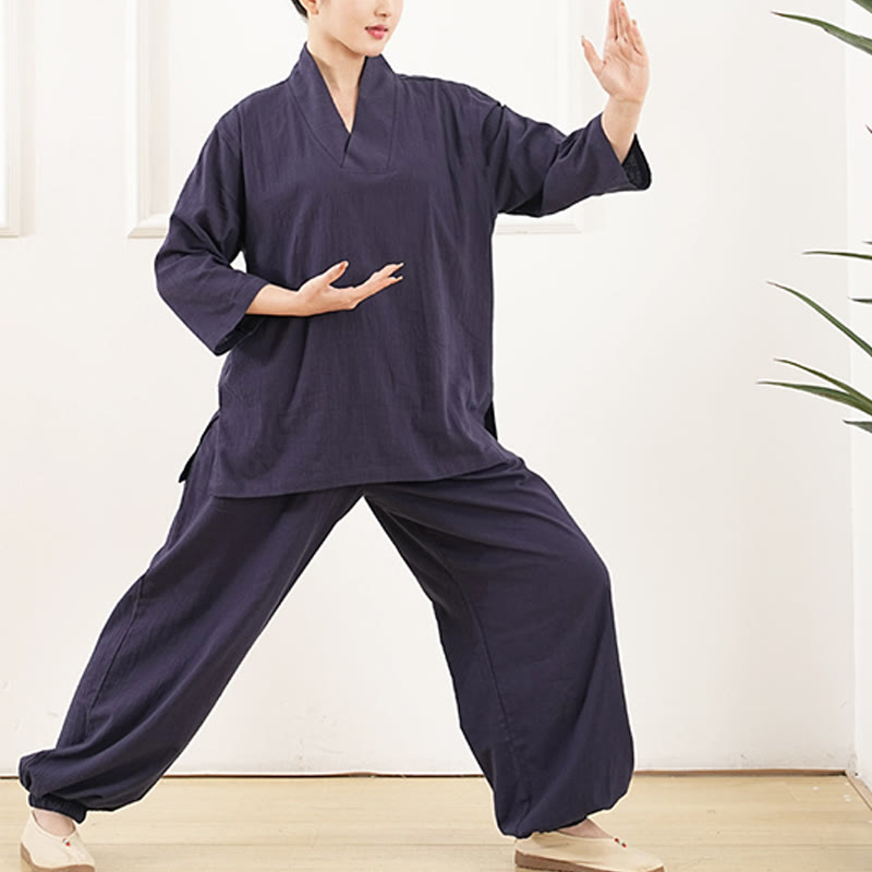 Buddha Stones柄 Vネック 七分袖 シャツ トップス パンツ 瞑想 禅 太極拳 服装 レディース セット 2点セット - image 8